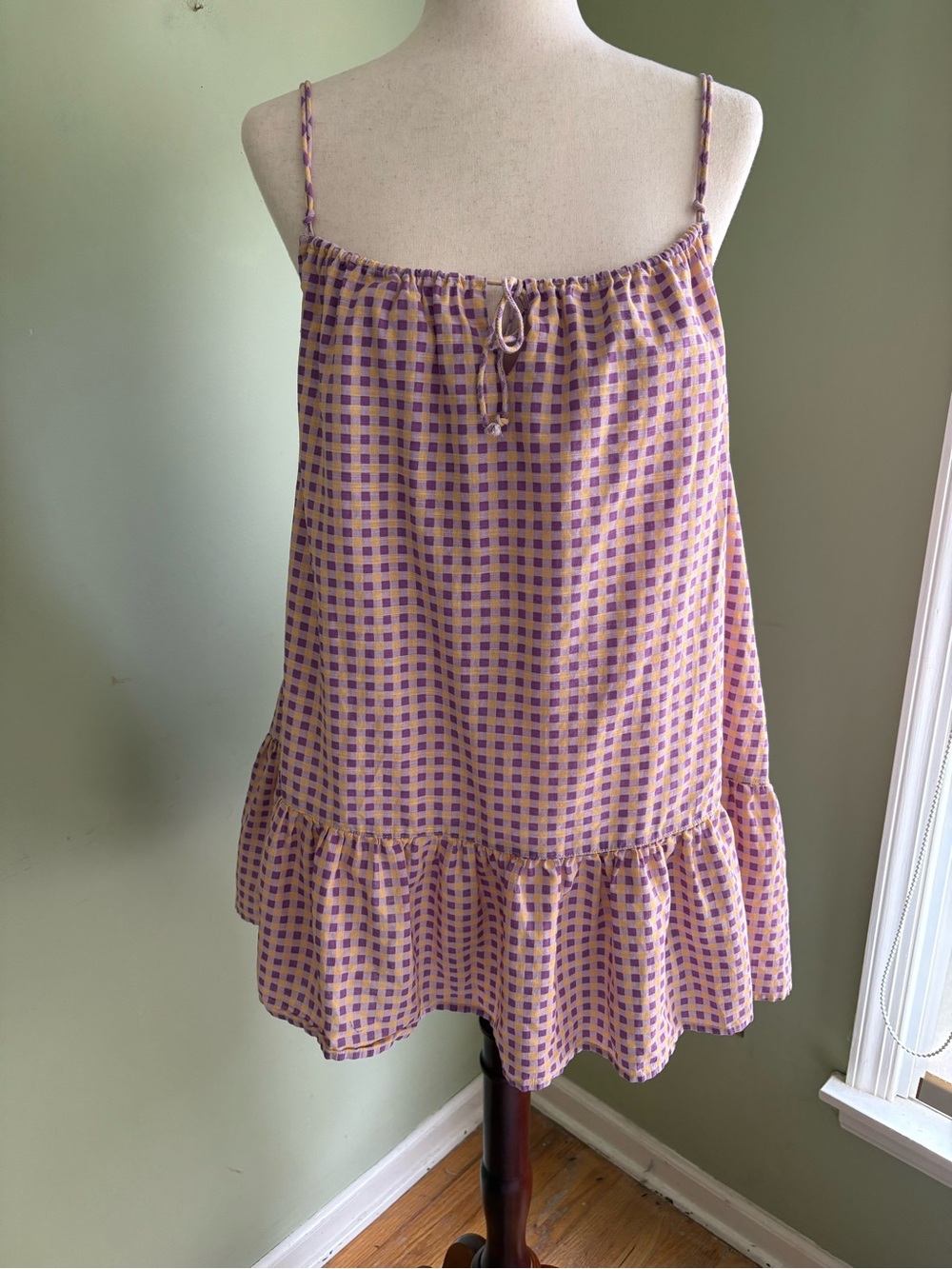 Urban Outfitters Babydoll Dress w/spaghetti straps.  Purple/yellow check size S.